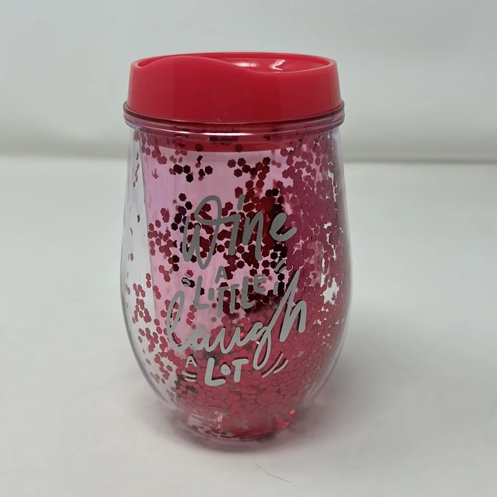 Wine A Little Laugh A Lot Pink Sparkly Stemless Wine Lidded Cup